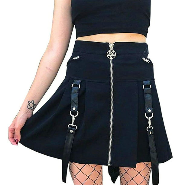 Women's High Waist Zipper Punk Gothic Belted Chain A Line Pleated Slim Fit Skirt